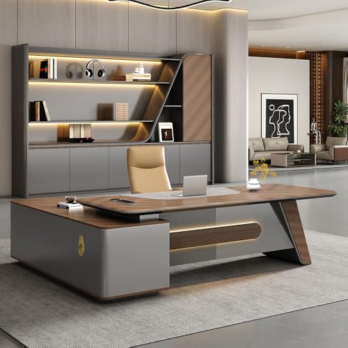 Image of Lakdi The Furniture Co Luxury Director Table with Curved Wooden Top, Integrated LED Accent Panel, Matte Grey Base & Premium Modern Executive Office Furniture - LDL-735