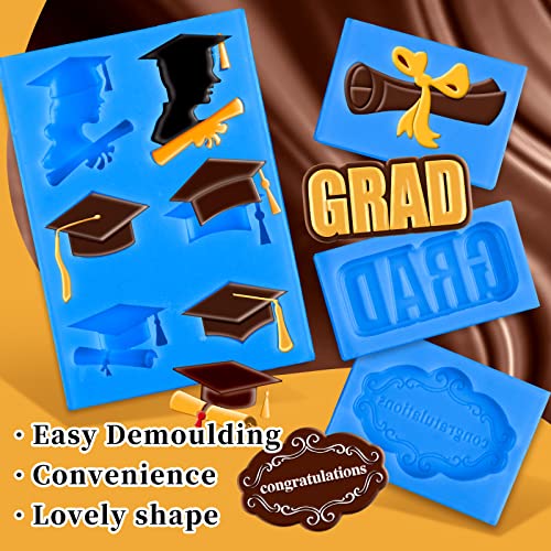 Whaline 4 Pack Graduation Fondant Molds Silicone Graduation Cap Diploma Mould Congrats Grad Congratulations Candy Chocolate Mould For Grad Party Soap Jelly Cake Cupcake Topper Decoration (Blue) #TOP2