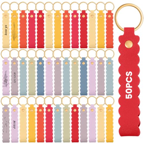Image of Scalloped PU Leather Keychain Blanks Laser Engraving Blanks Loop Keychain Kit with Key Ring for DIY