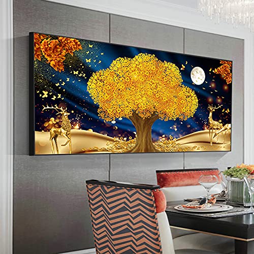 Peinture arbre de vie art mural nordique toile or et argent pour salon chic