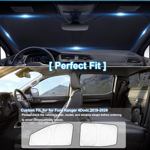 Image of KMF 6pcs Thicken Sun Shade for Ford Ranger 4Door 2019-2025 2026 Accessories,Full Car Window Covers Sunshade for Windshield Side Rear, UV Block and Privacy Blackout for Camping Outdoor