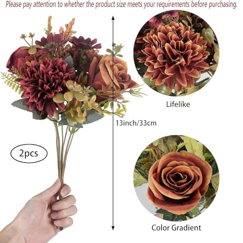 GTIDEA 2 Bundles Artificial Fall Flowers 2 Colors Fake Roses Silk Bouquets with Hydrangea Autumn Faux Flowers Arrangements for Home Fall Wedding Table Centerpieces Party Decor (Orange+Red)