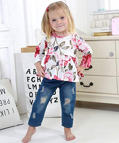 Image of CARETOO Girls Clothes Outfits, Cute Baby Girl Floral Long Sleeve Pant Set Flower Ruffle Top