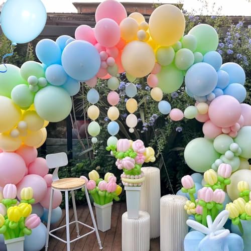 Image of MEBAY Pastel Balloon Garland Arch Kit 146Pcs Macaron Pink Blue White Yellow Latex Balloons Different Sizes 18 12 10 5 Inch for Gender Reveal Baby Shower Wedding Birthday Party Decoration