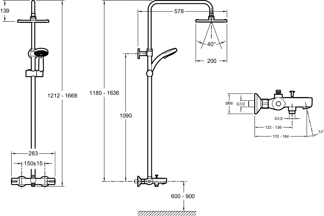 JACOB DELAFON Columna termostática de baño-ducha Cabezal cuadrado efecto lluvia Ducha de mano con 4 funciones Altura ajustable Latón Cromado JULY E78192-CP