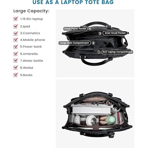 Image of Crewer Elegant Work Bag with Lunch Compartment - Laptop Tote Bag with Lunch Box Section, Office Bag with Insulated Lunch Storage - Stylish Quilted Shoulder Bag for Women.