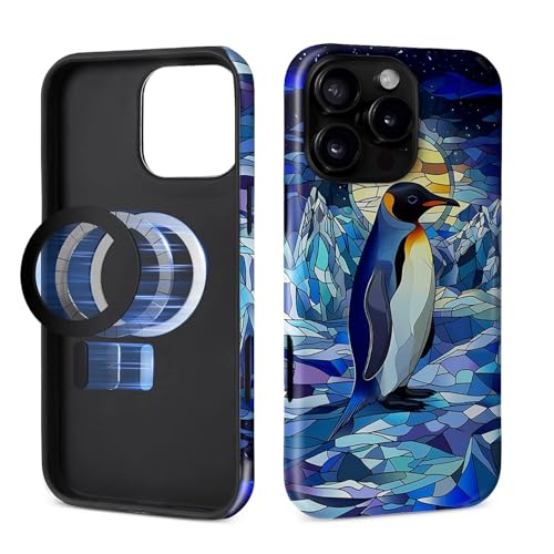 Case for iPhone 16 Pro [Compatible with MagSafe], Matte Soft Silicone + Hard PC Anti-Scratch Shockproof Protective 2-in-1 Case for Women Girls - Stained Glass Penguin