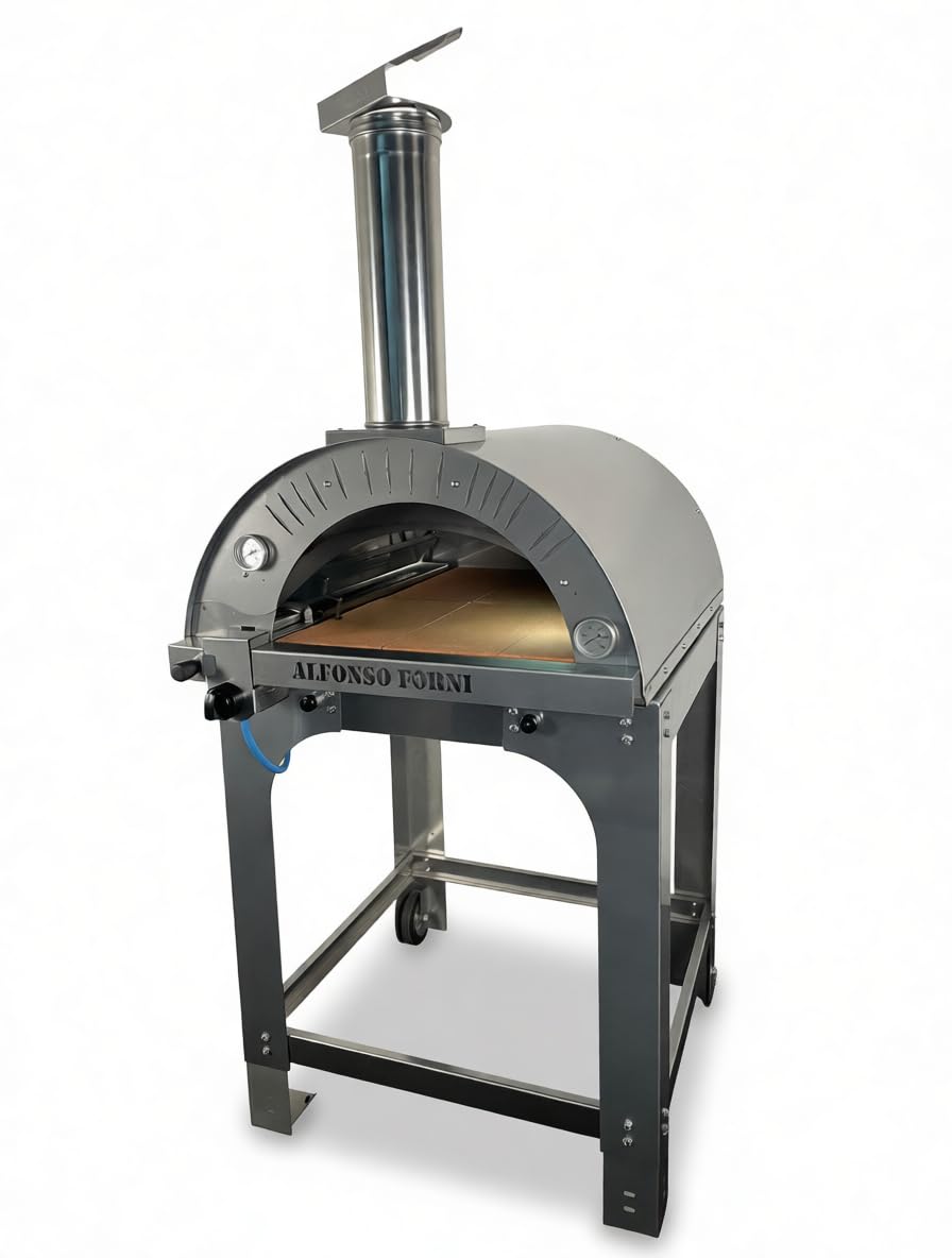 Forno ibrido legna gas Alfonso 4 Pizze, tetto inox lucido e carrello con ruote, 2 pirometri, portina chiuderna – (Solo forno (senza bruciatore))