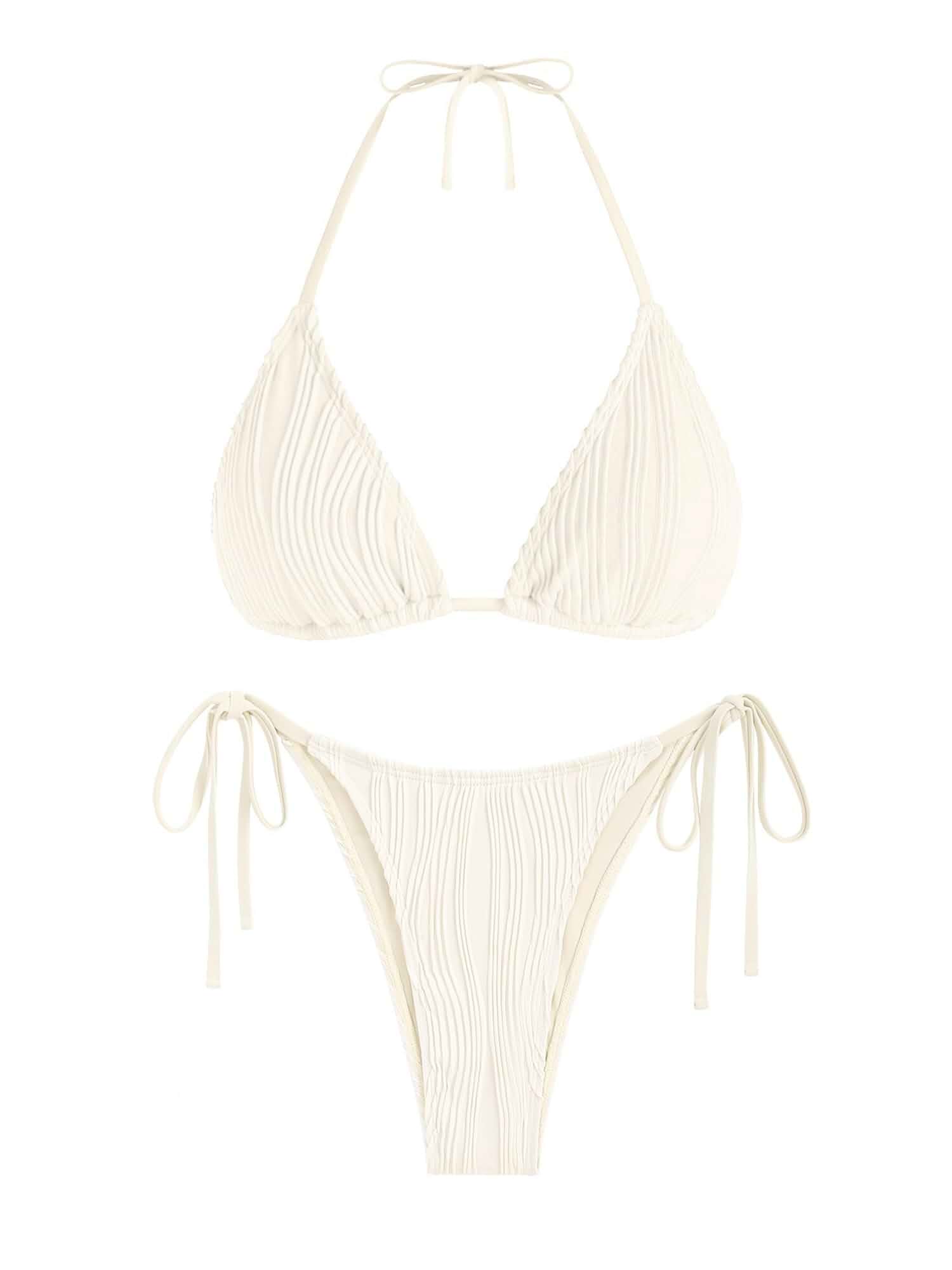 ZAFUL Womens Textured Halter Bikini Sets 2 Piece Swimwear High Cut Swimsuit Bathing Suit with Tie Side,Removable Pad And Full Lining