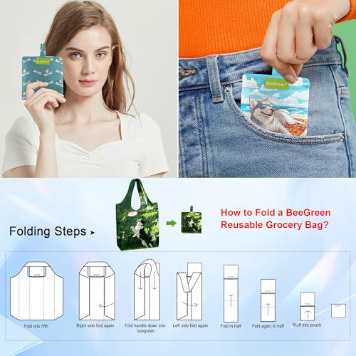 BeeGreen Flower Reusable Grocery Bags,Heavy Duty Totes for Women, Foldable Grocery Bag Large Shopping Totes with Handles for Work, Travel, Gift, Store, Polyester Washable Reusable Tote Bag
