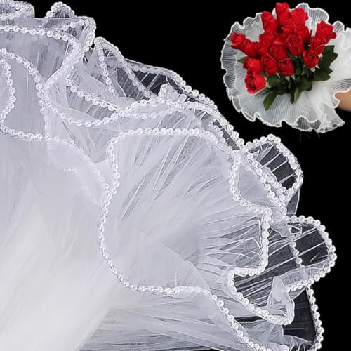 Tulle con Perle per Bouquet, 28cm x 3m, Per Fiori, Carta da Imballaggio, Confezioni Regalo, Mazzi di Fiori,per il Ringraziamento, coppie,negozi di fiori, regali per donne, Rosa San Valentino
