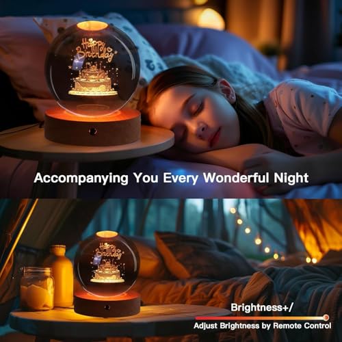 Image of 3D Happy Birthday Crystal Ball Night Lamp, Crystal Ball Night Light with USB, LED Wooden Base Table Lamp for Bedroom Home Office Decoration Birthday Gift for Boys and Girls