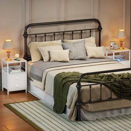 Image of Furologee Nightstands Set of 2, Night Stands with Charging Station, Side Tables with 2 Fabric Drawers, End Tables with Storage Shelves, for Bedroom, White