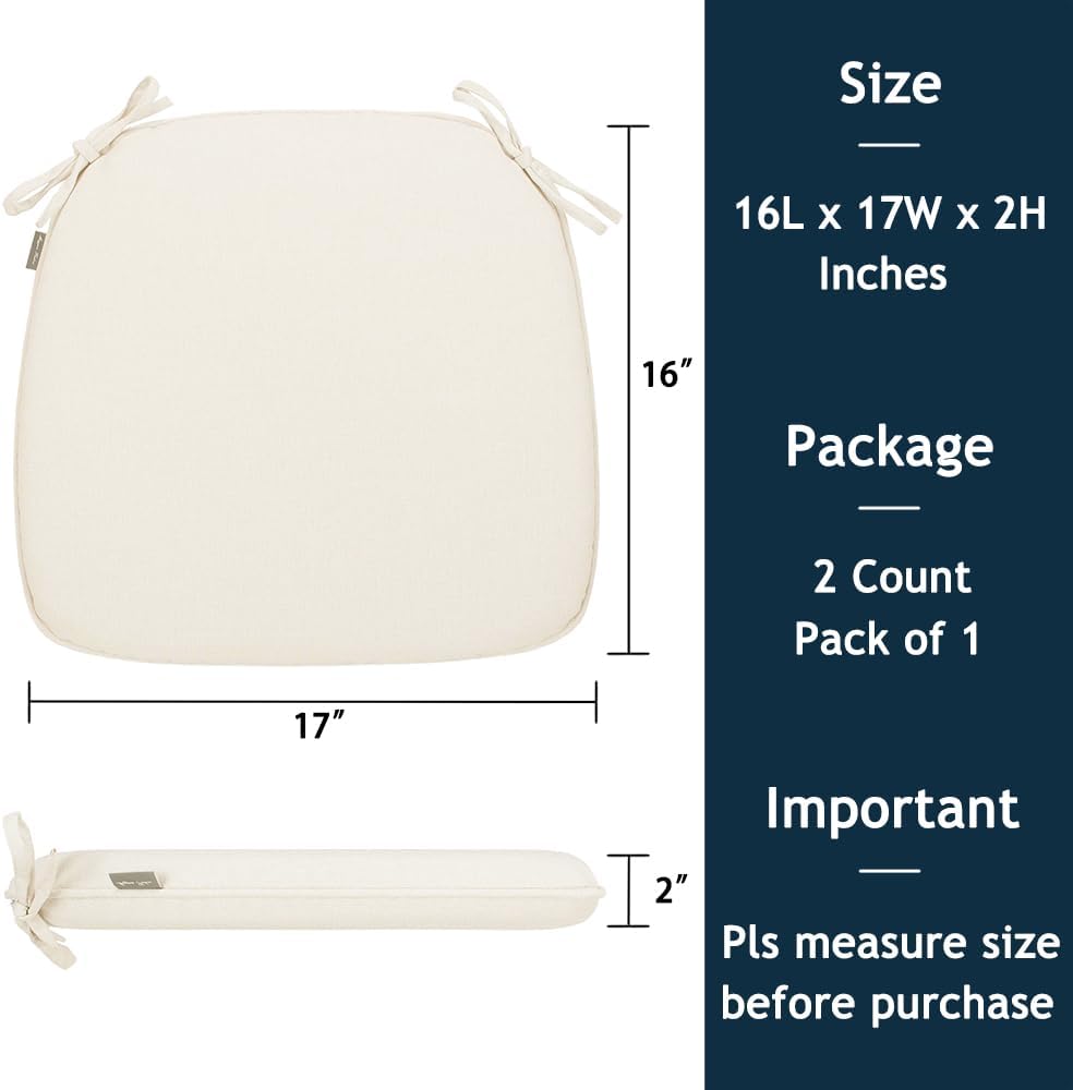 Magpie Fabrics 17"x16"x2" U-Shape Chair Cushions with Ties 2 Count, Outdoor Indoor Waterproof All Weather Seat Pads Decoration for Patio Garden Dining Office - Cream Beige