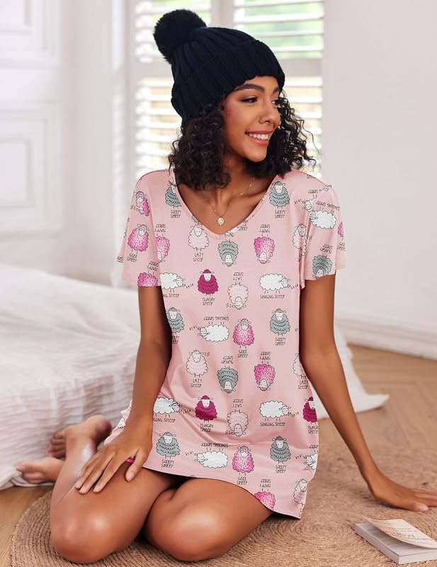 Image of Ekouaer 2 Pack Nightgowns for Women Short Sleeve Nightshirt Soft Sleepdress