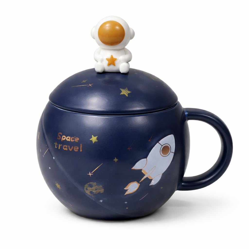 Vasukie Astronaut Planet Coffee Mug with Lid & Steel Spoon, Gift for Man, Mugs for Present, Birthday Present for Brother, 3D Creative Space Coffee Mug (Astro Round Mug)