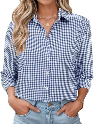 Rapbin Bluse Damen Lässig Langarm Hemd V-Ausschnitt Shirts mit Knopfleiste | Baumwolle Tunika Lockere Business Top Elegant Oberteil Trachten Bluse