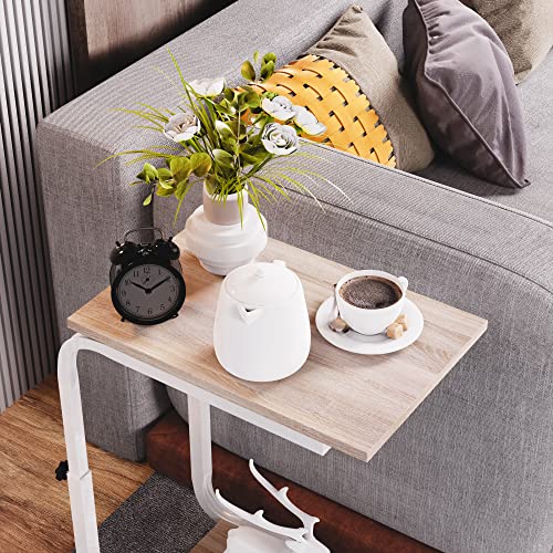 SIMPDIY Side Table Height Adjustable Coffee End/Bedside Table with 4 Wheels for Sofa Bedroom Living Room Office, Suitable for Small Spaces, Stable, Heavy Duty Iron, White Oak - Image 3