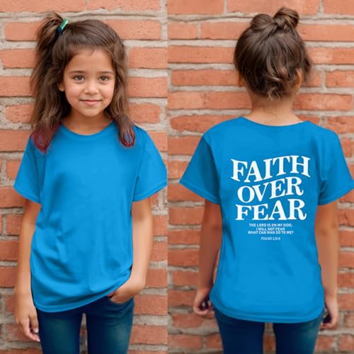 Image of Faith Over Fear Shirt Christian Jesus Tshirts for Girls Religious Inspirational Tees Bible Verse Tops for Kids 3-12