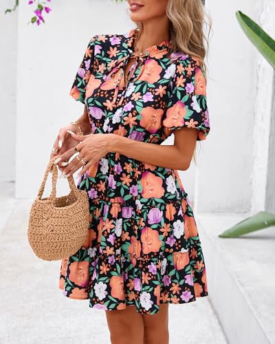 BTFBM Women Summer Floral Short Dresses V Neck Short Sleeve Tiered Ruffle Boho Swing Dress A-Line Mini Dresses(Black Orange Yellow Floral,Small) — view 6