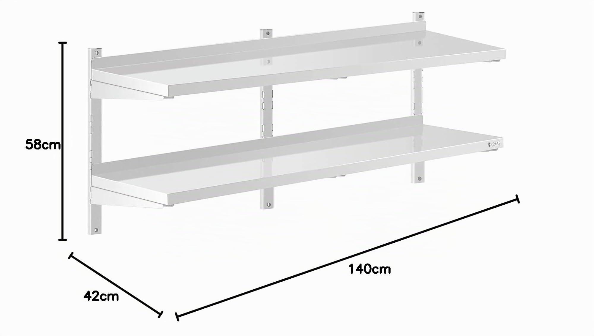 Royal Catering Estante De Pared Metálico Estantería Para Cocina RCWR-1400.4 (Capacidad: 40 kg, Acero Inoxidable, 2 baldas, 40 x 140 cm)