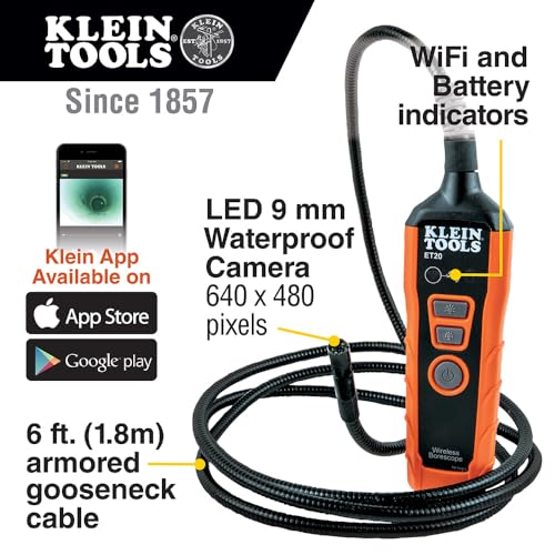Klein Tools ET20 Wi-Fi Borescope, 9 mm 6-Foot Armored Waterproof Gooseneck Snake, LED Lights, Rechargeable Battery, Endoscope Inspection Camera by KLEIN TOOLS - Image 2