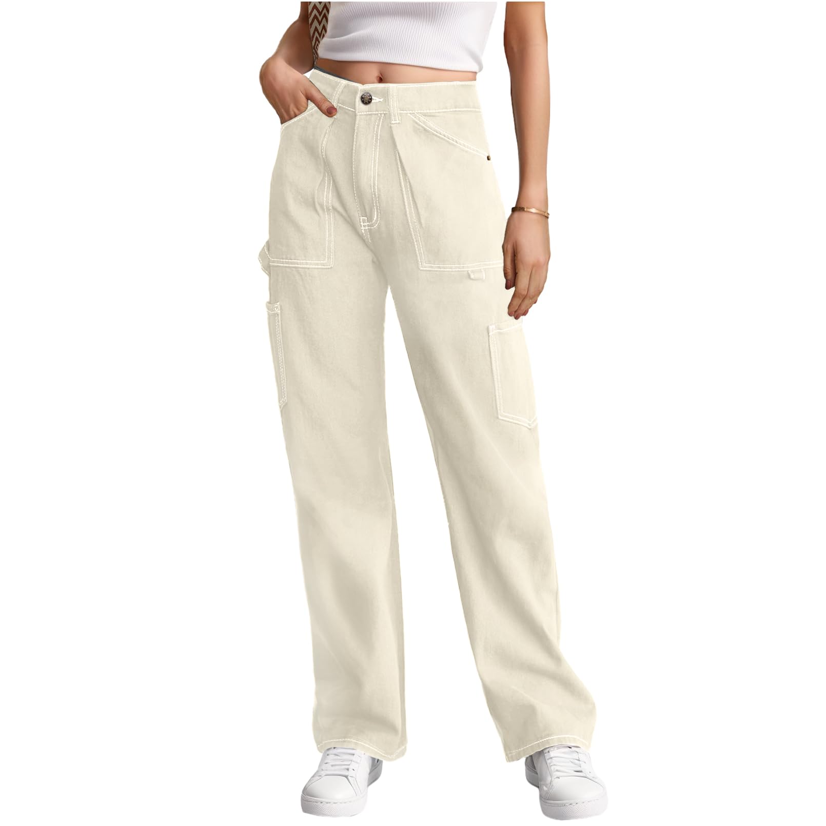 Cargo Pants Women High Waisted Wide Leg Casual Pants Baggy Stretchy Trousers Y2K Streetwear with 6 Pockets