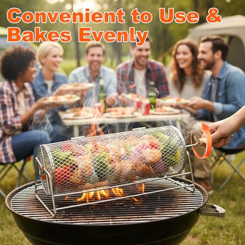 Yunkctuk Rollender Grillkorb, Edelstahl 304, Abnehmbarer Holzgriff, Nestendes Grillnetzrohr, Grillzubehör für Gemüse, Meeresfrüchte, Outdoor-Kochen, Camping, Geschenk für Papa, Männer