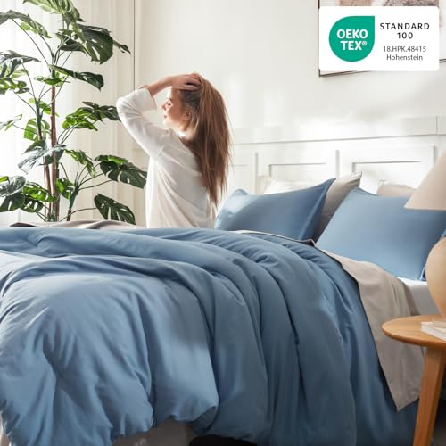 Image of Litanika Oversized King Comforter Set Grayish Blue Super King Plus Size, 3 Pieces Lightweight Solid Bedding Comforter Set, All Season Fluffy Bed Set (128x120In Comforter & 2 Pillowcases)