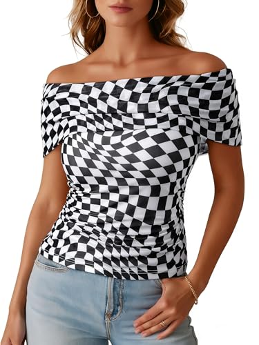 Dokotoo Womens Sexy Club Night Out Tops Leopard Mesh Sheer Overlay Ruched Fitted Bardot Shirt Black and White Plaid Medium