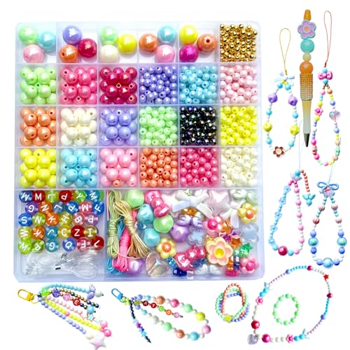 Hanyoung 840 Pcs Candy Color Acrylic Beads Kit Round Beads Assorted Plastic Bead Kit- Letter Beads Kawaii Charms Colorful Elastic String for DIY Bracelet Necklace Phone Charm Keychain (Bright Color)