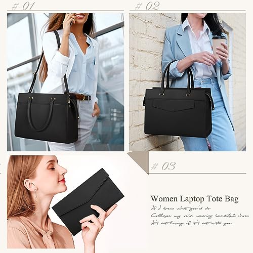 Laptop Bag for Women 15.6 inch Leather Tote Bag 2pcs Set Professional Work Bag with Clutch Purse Large Office Computer Tote Teacher Purse Shoulder Bag, Black3