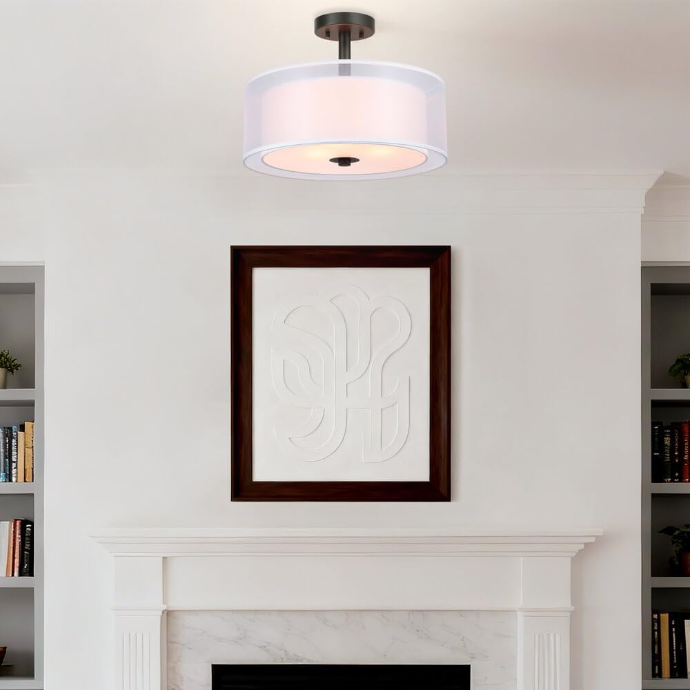 XiNBEi Lighting Semi Flush Mount Ceiling Light, 3 Light Drum Semi Flush Light, 16" Close to Ceiling Light with Fabric Shade in Dark Bronze for Living Room & Bedroom XB-SF1194-DB