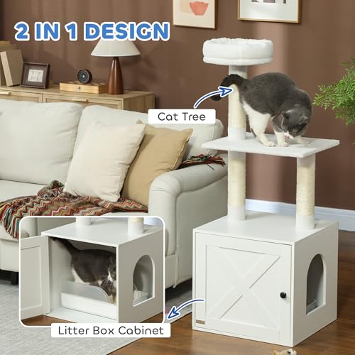 Árbol para gato con caja de arena integrada, 2 en 1, blanco miniatura 3