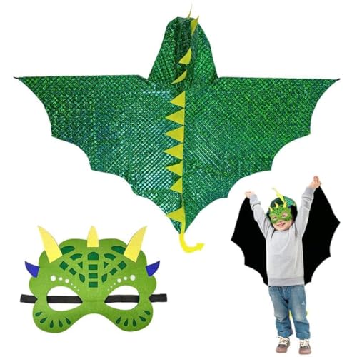 XNIVUIS 2 peças disfarce de dinossauro para crianças, capa de dinossauro com máscara de dinossauro para meninos e meninas, disfarce de dragão camada de dragão para Halloween, carnaval, festas temáticas (verde)