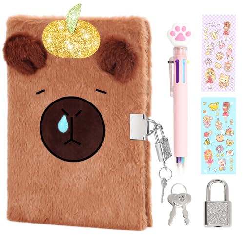 Image of Capybara Diary for Girls with Lock and Keys,Tie-Dye Fuzzy Journal for Kids,Hardcover Fluffy Locking Notebook for Writing and Drawing,4-12 Year Old Girl Birthday