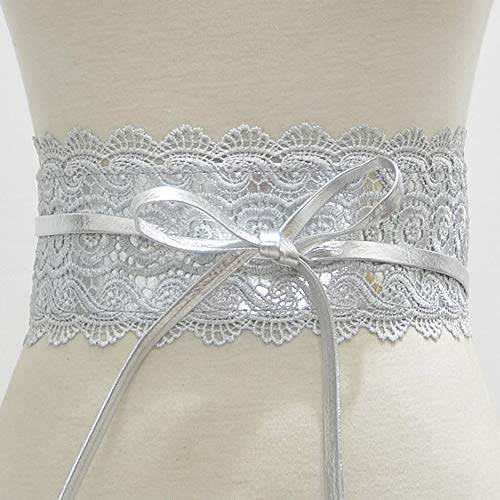 Women's Lace Waist Belt Bow Tie Wrap Around Soft Leather Boho Corset Fashion Elegant for Dresses (Silver),Large3