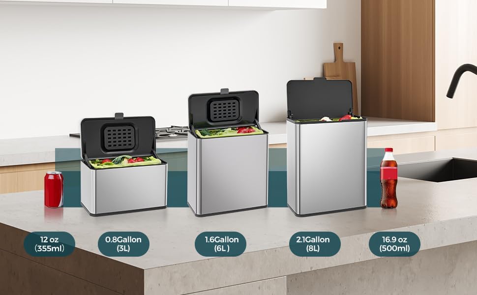 Miniatura 9 de LANDVOI Indoor Compost Bin 2.1 Gallon  8 Liter, Compost Container with Detachable Inner Bucket, for Kitchen, Cupboard, Countertop, Brushed Stainless