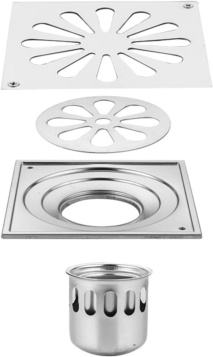 floor drain， Chrome 304 Stainless Steel Floor Drain 4 inch Square Deodorizer with Large Removable Cover