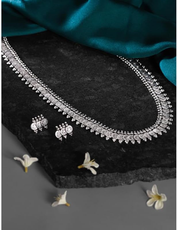 Aheli Wedding Wear Gold Tone Goddess Engraved On Coin Long Necklace Set South Indian Traditional Bollywood Fashion Jewelry Set Gift for Women