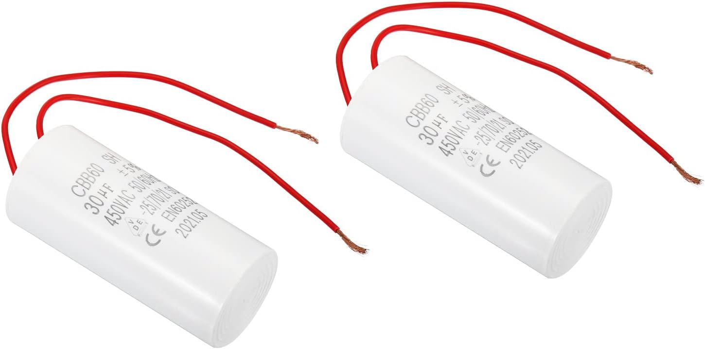 PATIKILCBB60 30uF Running Capacitor,2Pcs AC 450V 50/60Hz Cylinder Bottom with 2 Wires 16cm for Washing machine,Water Pump Motor Star,1.52 x 3.51inch