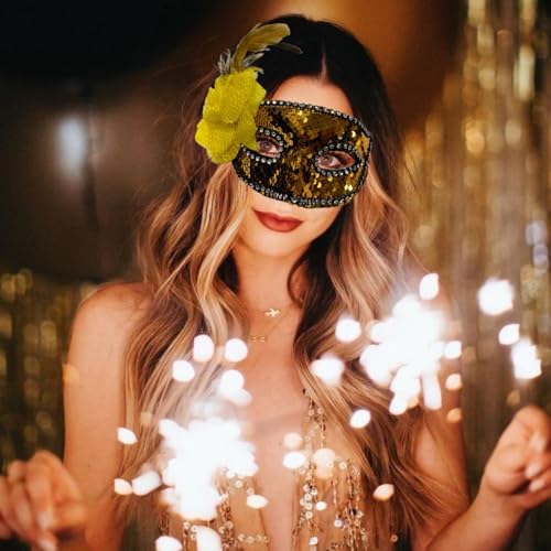 Image of Wanna Party Golden Sequin Masquerade Mask with flower for Women for Masquerade Party, Venetian party,Stage Performances,Eye Mask for Halloween, Birthday, Adult Party,50 shades of Grey Party