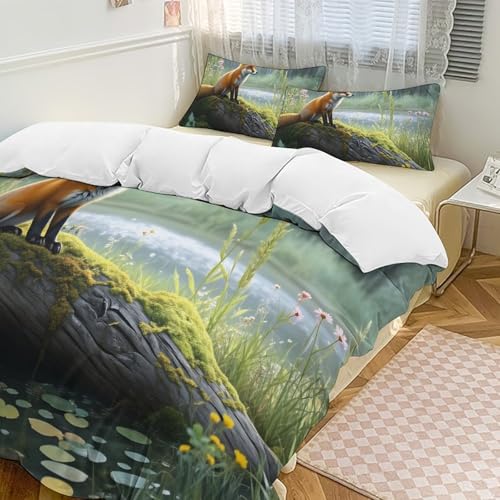 JXOEYX Red Fox in Forest Comforter Set - 3 Pieces Ultra Soft & Warm Full Size Bedding Setwith 1 Comforter Cover + 2 Pillowcases, Lightweight Bed Set for Home Decor 79"x90"