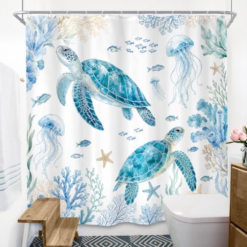 Sea Turtle Shower Curtain 72x72 Beach Blue Ocean Coastal Bathroom Decor - 3