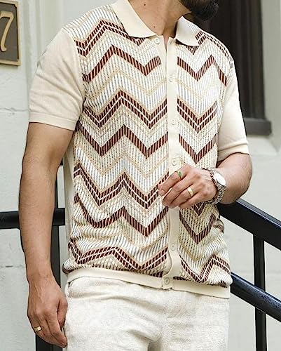 Pj Paul Jones Mens Short Sleeve Knit Polo Shirts 70S Vintage Breathable Lapel Collar Button Down Cardigan Golf Shirts Beige Apricot Xx-Large #TOP6