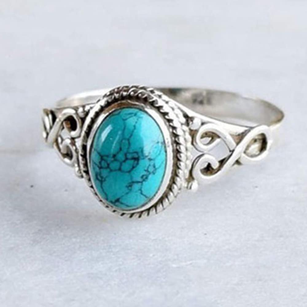 Koguxuix Fashion Genuine Women's 925 Sterling Silver Ring Oval Cut Natural Bohemia Turquoise Jewelry Birthday Proposal Hollow Engagement Party Band Rings Size 6-10 (6)