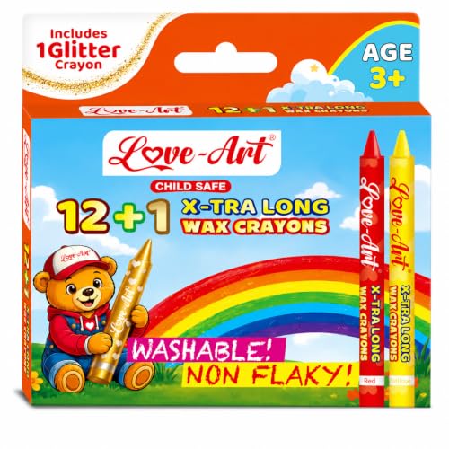 Image of Love-Art 12+1 X-TRA Long Wax Crayons for Kids | Extra Long, Ultra Smooth & Vibrant Colour Crayons | Non-Flaky, Washable Wax Colours for Drawing, Colouring, Art & School
