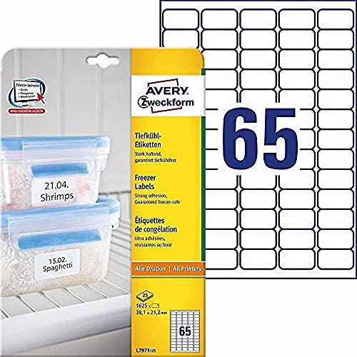 AVERY Zweckform L7971-25 Tiefkühletiketten (1.625 Aufkleber, 38,1x21,2mm auf A4, selbstklebend, temperaturbeständige und tiefkühlfeste Klebeetiketten für Gefriergut, bedruckbar) 25 Blatt, weiß