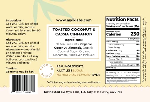 Mylk Labs - Cinnamon Coconut Instant Oatmeal Cups - Gluten Free, High Fiber, High Protein, Non Gmo, Low Sugar, Quick Breakfast Oats - 12 Pack #TOP3