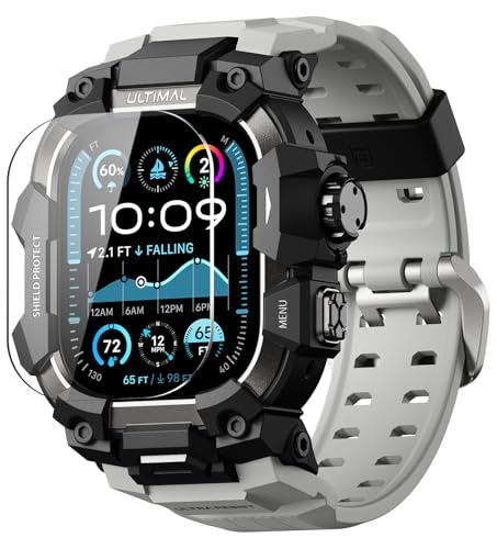 ULTIMAL �R���p�`�u�� Apple Watch Ultra 3/Ultra 2/Ultra �o���h �A�b�v�� �E�H�b�` �o���h 49mm �P�[�X ��̌^, �~���^���[�O���[�h�ϏՌ��o���p�[�J�o�[TPU/TPE �ϏՌ� ����~�� �ϋv�� �����h�~ (�Z